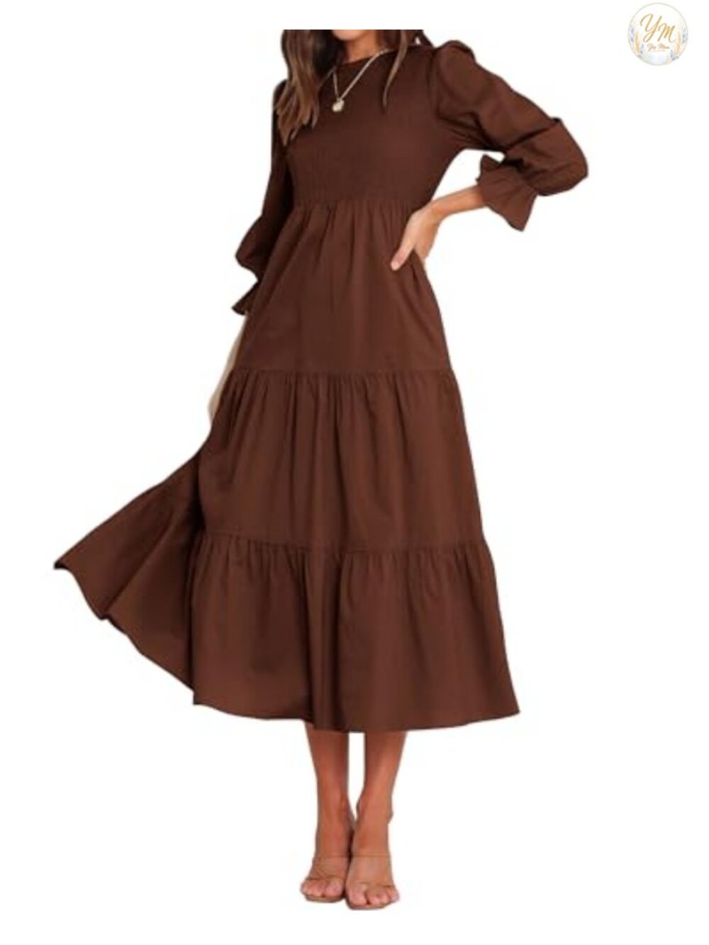 Women's Long Sleeve Crew Neck A-Line Flowy Maxi Dress Tiered Ruffle Hem